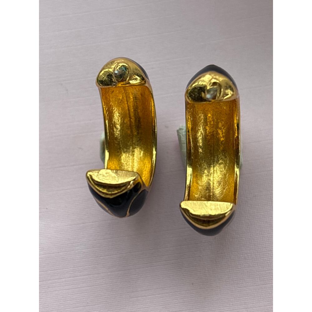 Enamel Vintage Hoop Back Black Gold Pierced Earrings - Picture 8 of 8